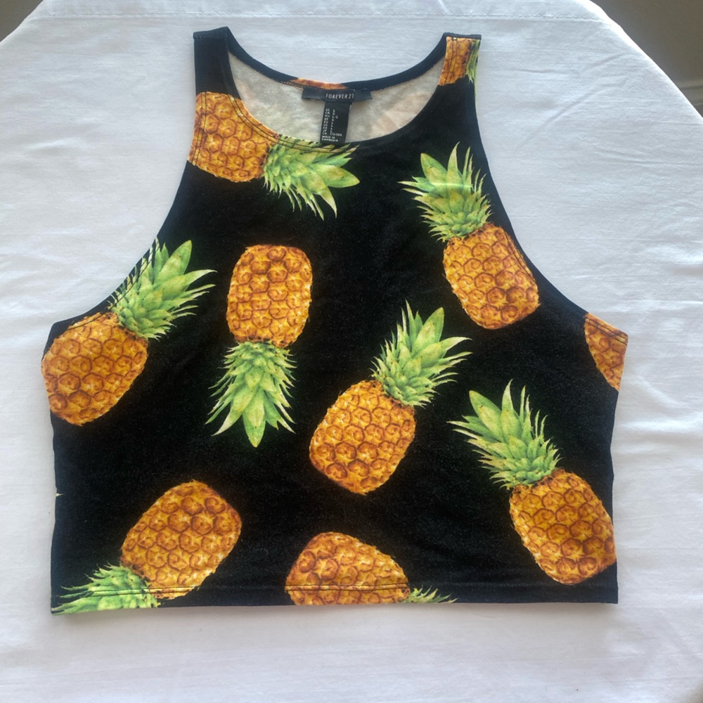 Pineapple Print Crop Tank Top Black Sleeveless Women’s Size Large Tropical